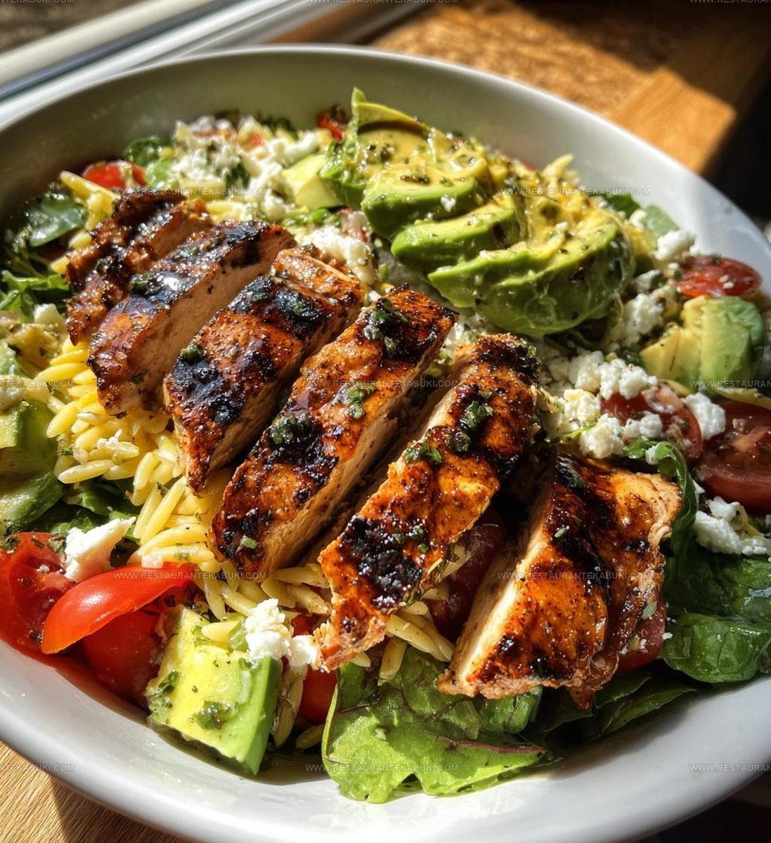 9204798 Grilled Lemon Herb Chicken Avocado Orzo Salad Recipe