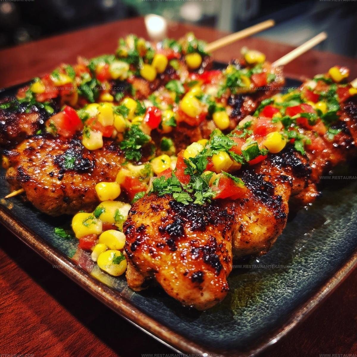 7988581 Sticky Garlic Chicken Skewers With Summer Corn Salsa Recipe