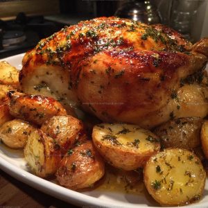 7969656 Herb Butter Roast Chicken With Garlic Potatoes Recipe